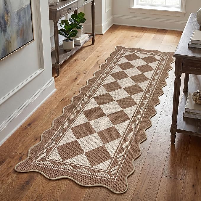 Garvee Easy Jute 2x6 Scalloped Kitchen Rugs Non Slip Washable Rugs，Brown | Indoor Outdoor Washable Rugs for Living Room Low Pile Floor Cover for Entryway Stain Resistant Indoor Carpet for Hallway