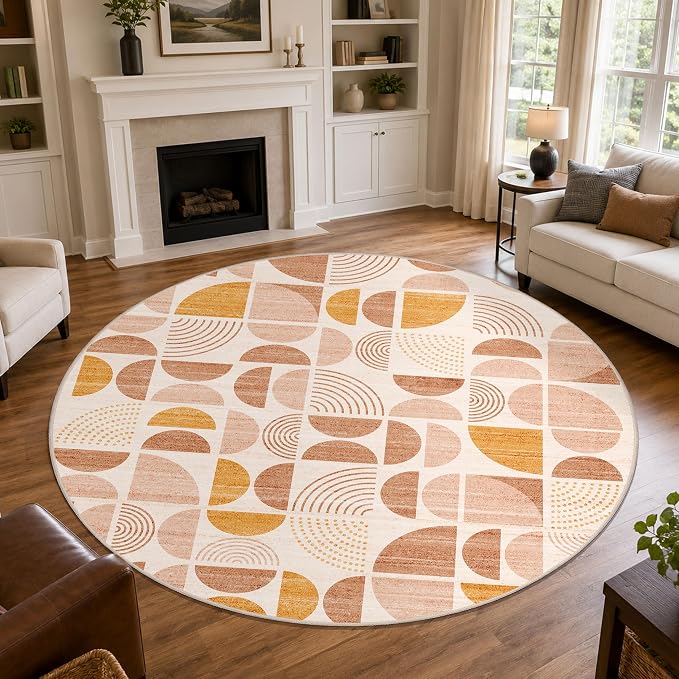 Round Rugs 9ft,Circle Area Rug Washable Non Slip Modern Abstract | Circular Rugs for Living Room Dining Room Boho Large Throw Carpet Soft Low Pile Floor Indoor Bohemian Orange