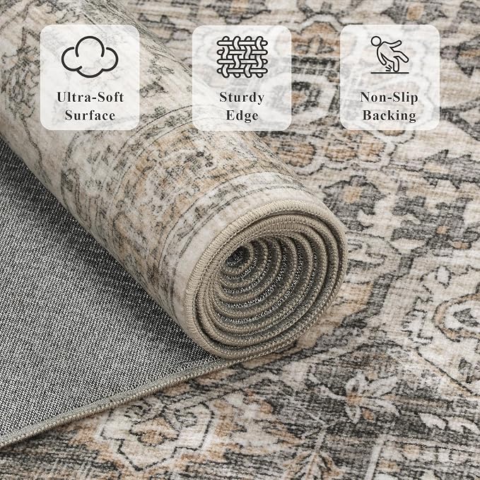 2x6 Vintage Runner Rug Low Pile Non-Slip Washable Hallway Rug | Retro Print, Non-Shedding, Soft Washable Neutral Carpet, Stain Resistant Runner, for Hallway Kitchen Bedroom Laundry Room