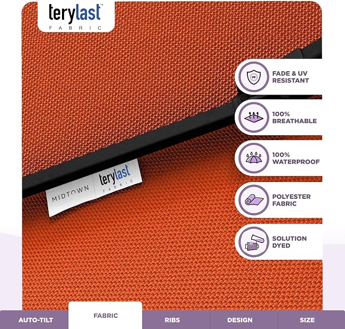 Midtown Umbrellas - 10-Year-No-Fade 9 Ft Patio Umbrella with Terylast Fabric, Auto-Tilt Aluminum Frame and 8 Reinforced Ribs for Deck, Pool, Garden & Beach - Tangerine Canopy, Black Pole