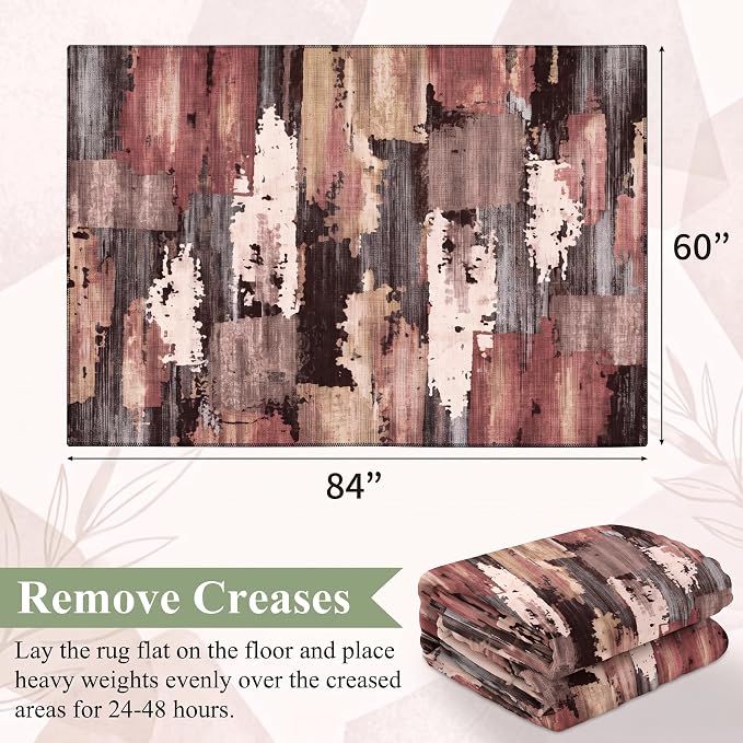 5x7 Rust and Beige Distressed Patchwork Area Rug for Living Room | Soft Low-Pile Machine-Washable Rug with Non-Slip Backing for Bedrooms, Dining Rooms and Home Offices, Designed for Easy Care