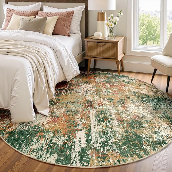 RELEANY Washable Round 8ft Area Rug for Living Room Green Multi | Carpet for Bedroom, Kitchen, Office, Hallway and Entryway, Printed Pattern, Non‑Slip, Soft, Stain‑Resistant, Easy to Clean