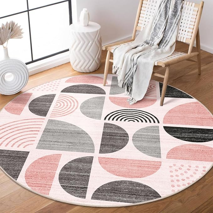 Round Rug 4ft Small Circle Area Rug Washable Non Slip Modern Abstract | Circular Rugs for Entryway Bedroom Kitchen Boho Throw Carpet Soft Low Pile Floor Indoor Bohemian Pink and Grey
