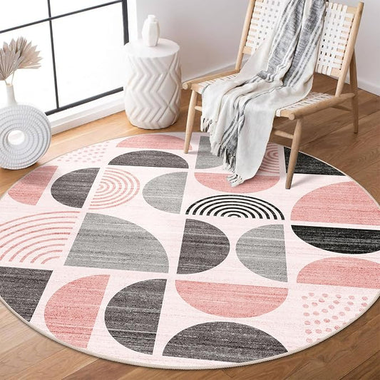 Round Rug 4ft Small Circle Area Rug Washable Non Slip Modern Abstract | Circular Rugs for Entryway Bedroom Kitchen Boho Throw Carpet Soft Low Pile Floor Indoor Bohemian Pink and Grey
