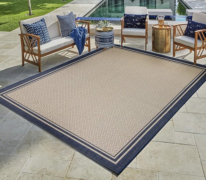 Gertmenian Indoor/Outdoor Flatweave Area Rug - 8x10 Large, Stain & UV Resistant, Ideal For Deck, Patio, Poolside, Mudroom - Simple Border, Navy Blue, 22010