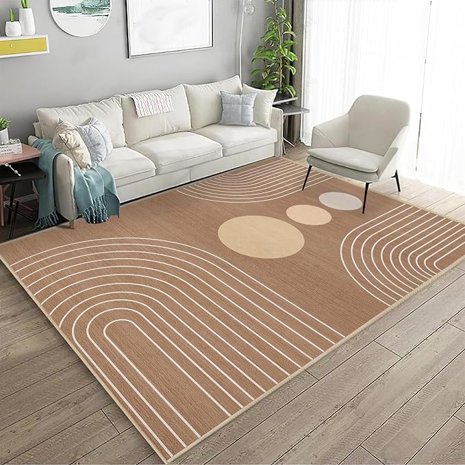 Boho Rug 4x6 Modern Geometric Minimalist Abstract Area Rug for Living Room Brown Mid Century Modern Contemporary Machine Washable Non-Slip Printed Low-Pile Carpet Dining Room Bedroom Office Brown