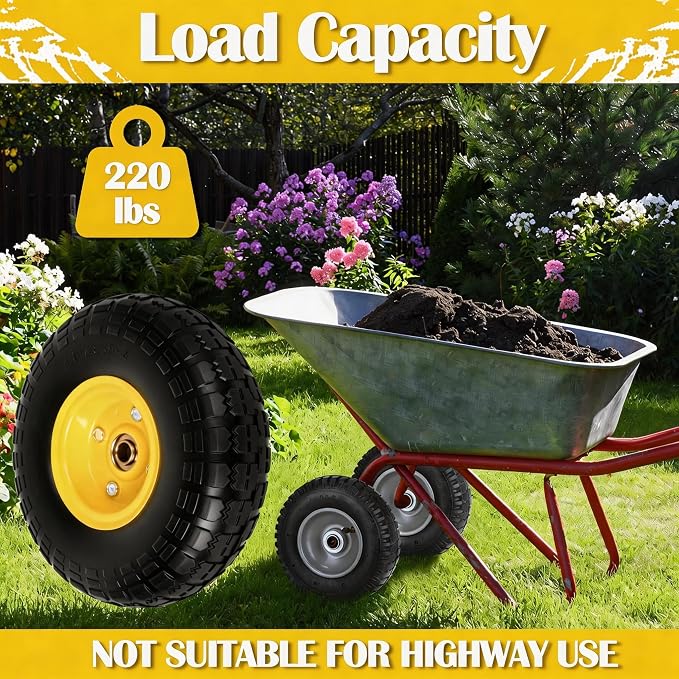 4.10/3.50-4 Tire and Wheel Flat Free, 10" Solid Tire 220LB Capacity Each, with 5/8" Bearings and 2.1" Offset Hub, for G orilla Cart, Garden Cart, Trailer, Dolly, Hand Truck, Wagon, 4 Pack, Yellow
