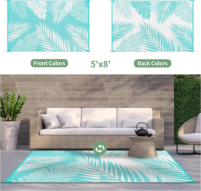 GENIMO Outdoor Rug 5' x 8' Waterproof for Patios Clearance, Reversible Outdoor Plastic Straw Camping Rug Carpet, Large Area Rugs Mats for RV, Picnic, Backyard, Deck, Balcony, Porch, Aqua Blue&White
