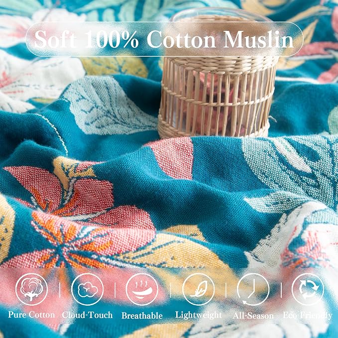 Phuryllic Boho Throw Blanket Twin Size, Soft Cozy Cotton Muslin Quilt Blanket for Bed Decor, Floral Patterned Couch Sofa Chair Cover, Vintage Farmhouse Cottage Tapestry Woven Blanket, Teal&Green