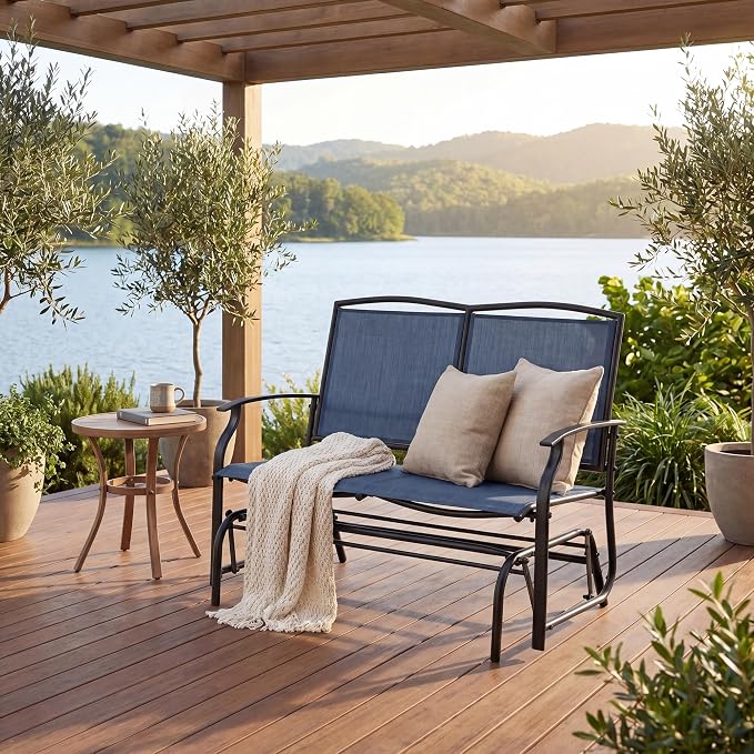 Tangkula 2-Person Patio Swing Glider Bench, Outdoor Rocker Glider Loveseat Chair W/Heavy-Duty Steel Frame, Breathable Seat Fabric, Rocking Lounge Chair for Poolside, Garden, Backyard (Dark Blue)