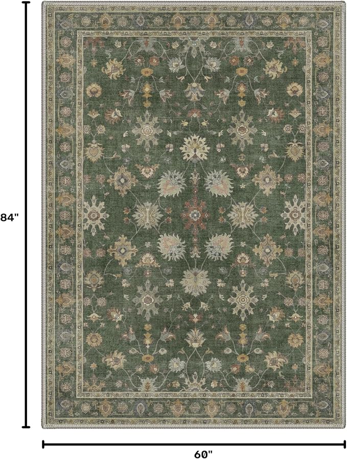 5X7 Area Rug for Living Room, Washable Boho Floral Vines Non Slip | Easy Care Faux Wool Rug for Bedroom Dining Room, Dusty Green Vintage Floral Rug, Non-Shedding, Vacuum Friendly, Thin Indoor