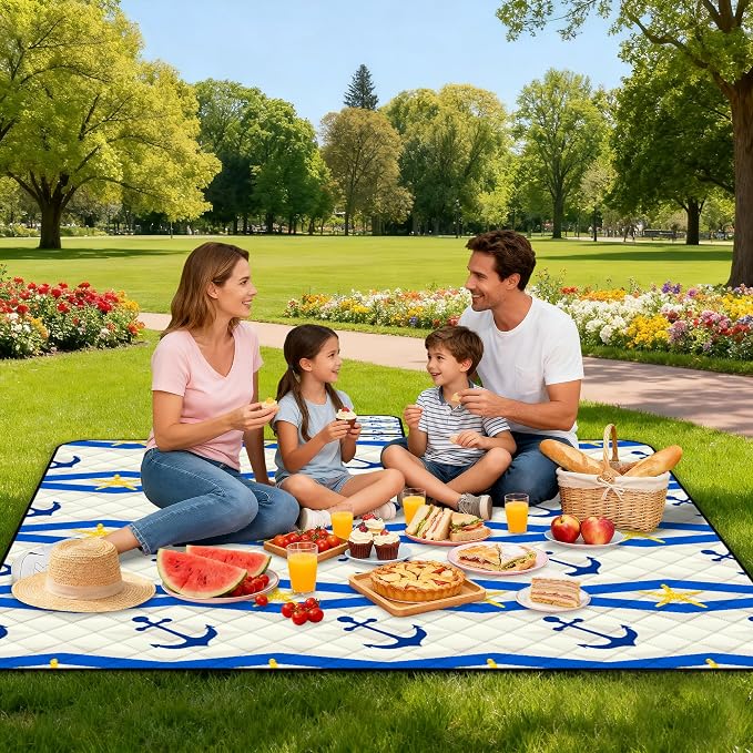 Poedist Extra Large Picnic Blanket Waterproof,80"x 80"Foldable Machine Washable Beach Blanket,Outdoor Blanket for 6-8 Adults,Suitable for Indoor Crawling,Park Beach,Camping,Hiking,Family Travel(Boat)