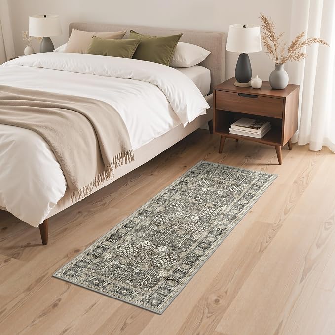 2.5x6 Kitchen Runner Rug, Washable Non Slip, Beige Brown | Vintage Floral Design, Spill Resistant Lightweight Low Pile Carpet for Hallway, Bedroom, Laundry Room, Bathroom