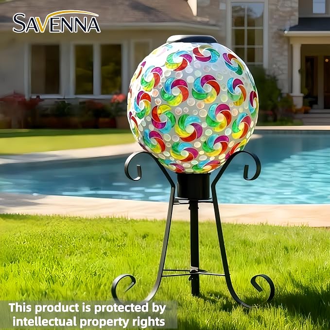 SAVENNA Mosaic Solar Gazing Ball 10 Inch, Glass Garden Globe with Auto On/Off for Yard, Lawn & Outdoor Decor, Multicolor Mosaic