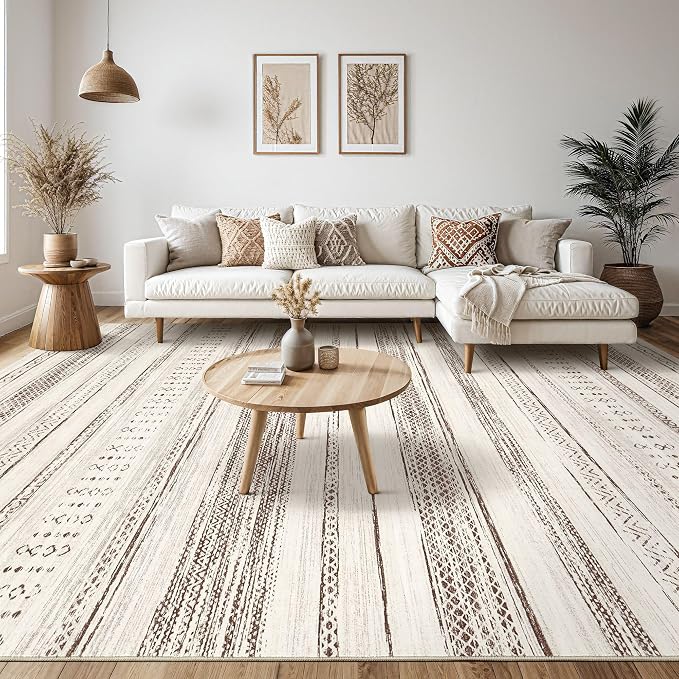 Tortania Area Rug Living Room Rugs - 5x8 Washable Large Soft Neutral Boho Moroccan Bohemian Farmhouse Rug Indoor Floor Carpet for Bedroom Under Dining Table Home Office Decor - Brown Beige