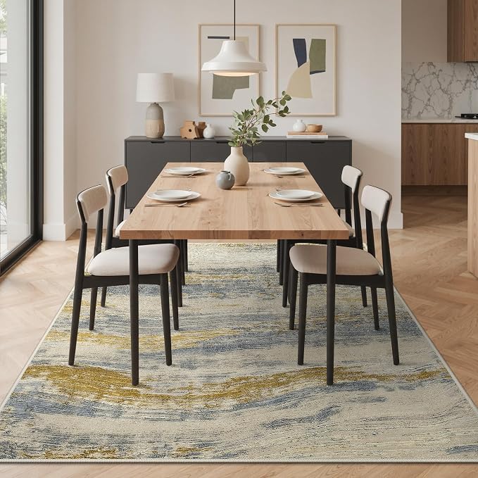 BEIMO 9x12 Washable Area Rug for Living Room, Wave Abstract Golden Beige | Soft Machine Washable Modern Rug,Streaks Pattern Non Slip Indoor Carpet for Dining Room Playroom Bedroom Office