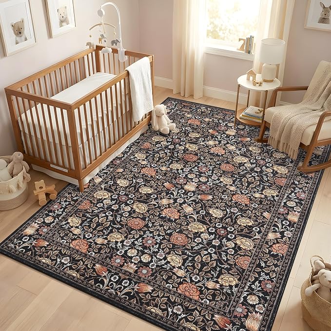 GarveeHome Dark Brown Floral Washable Rug 5x7 for Bedroom Living Room | Nursery Dorm Office Rug Vintage Boho Rugs Low-Pile Non-Slip Stain Resistant TPE Backing