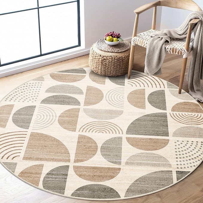 Round Rugs 5ft,Circle Area Rug Washable Non Slip Modern Abstract | Circular Rugs for Bedroom Living Room Dining Room Boho Throw Carpet Soft Low Pile Floor Indoor Bohemian Neutral Beige