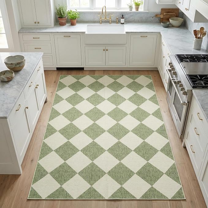 GarveeHome 3x5 Checkered Area Rug Non Slip Washable Entryway Bedroom Rug | Modern Geometric Plaid Sage Green Carpet Classic Throw Mat for Kitchen Bedside Kids Room Office Dining Room