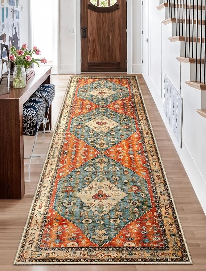 SERISSA 2'6"x10' Washable Non Slip Boho Runner Rug for Hallway | Ultra Soft Vintage Oriental Carpet Low-Pile Tribal Floor Carpet for Kitchen Bedroom Bathroom Laundry Room