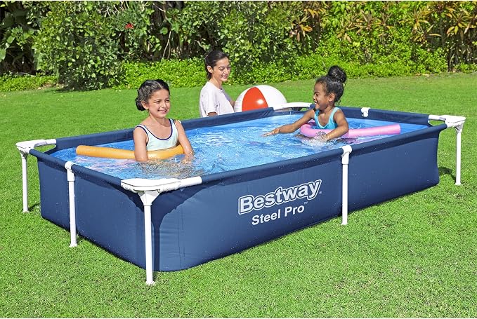Bestway Steel Pro 87 Inch x 59 Inch x 17 Inch Rectangular Metal Frame Above Ground Outdoor Backyard Swimming Pool, Blue (Pool Only)