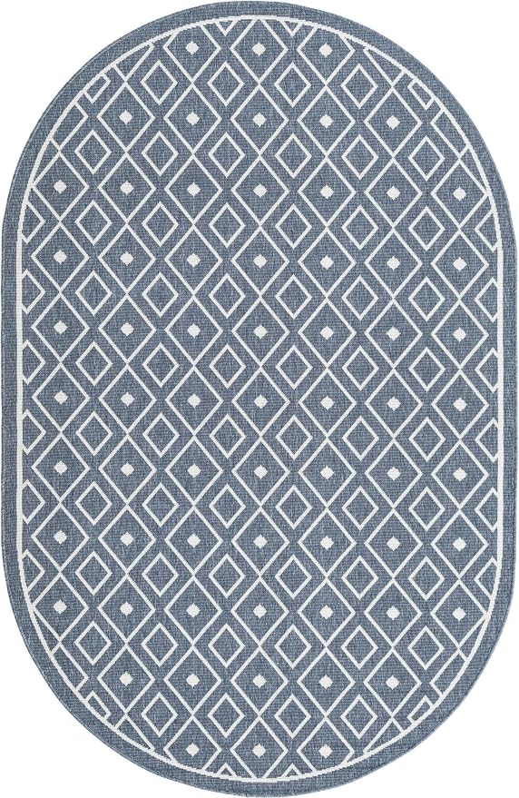 Unique Loom Outdoor Trellis Collection Area Rug - Kafes (5' 3" x 8' Oval, Navy Blue/ Ivory)