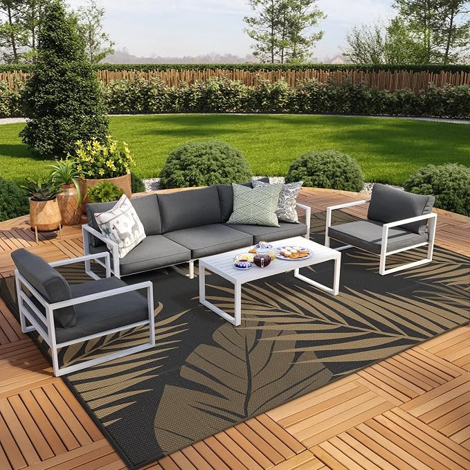 GENIMO Outdoor Rug 9' x 18' Waterproof for Patios Clearance, Reversible Outdoor Plastic Straw Camping Rug Carpet, Large Area Rugs Mats for RV, Camper, Deck, Balcony, Porch, Beach, Picnic, Black&Brown