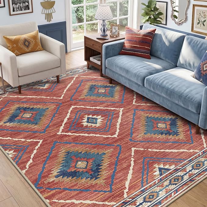 Area Rug 5x7 Rug Machine Washable Non-Slip Low Pile Print Pattern Western Rug for Living Room Bedroom Entryway Tribal Series -Red/Orange | Soft Western No Slip Low Pile Print Foldable Indoor for Kitchen Dining Room
