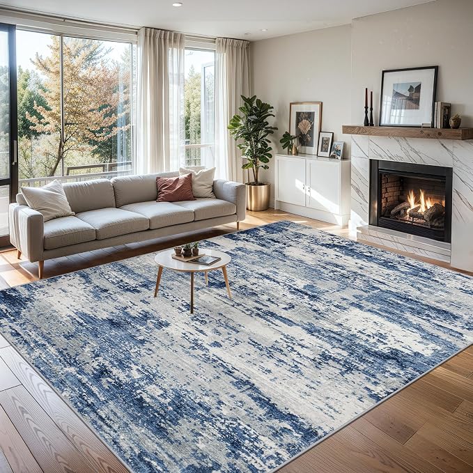 PLHXFR 10x14 Area Rug Living Room: Abstract Washable Carpet Blue Gray | For Bedroom Dining Room Farmhouse Nursery Home,Machine washable,Non Slip,Large Soft Neutral,Stain Resistant, Indoor Floor