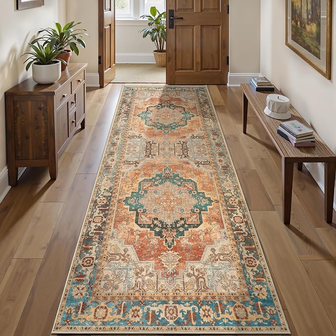 Tangsoo 2.6x8 Washable Runner Rug for Hallways, Oriental Non Slip Runners | Vintage Soft Low Pile Long Runner, Oriental Carpet Hallway Runners for Kitchen Bedroom Entryway Bathroom Orange Home Decor