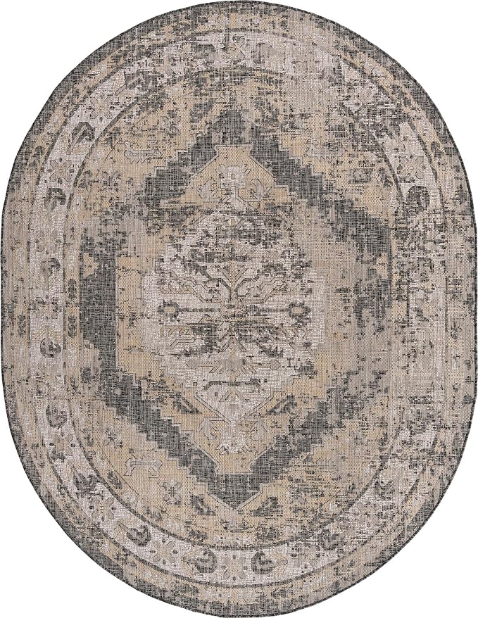 Unique Loom Outdoor Traditional Collection Area Rug - Valeria (7' 10" x 10' Oval, Charcoal/ Natural)