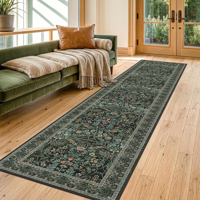 2x10 Long Hallwag Runner Rug 10ft, Washable Dark Green Indoor Floor Mats for Entryway Non Slip, Flower & Botanical Pattern Stain Resistant Carpet