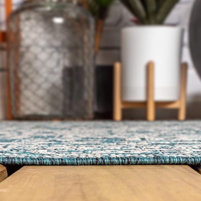 JONATHAN Y Medallion Weave Indoor Outdoor Area Rug 5X8 Teal Blue/Gray, Sinjuri Textured for Backyard, Patio, Porch, Easy-Cleaning, High Traffic, Pet-Friendly, Non-Shedding (SMB101C-5)