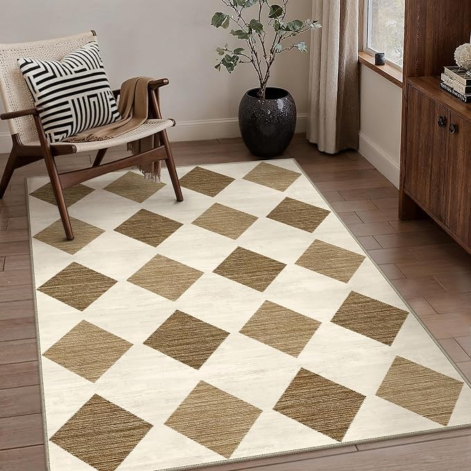 3x5 Checkered Area Rugs for Living Room Brown Machine Washable Large Rug Non-Slip Stain Resistant Low Pile Boho Accent Indoor Throw Carpet for Office Bedroom Dining Room Classroom