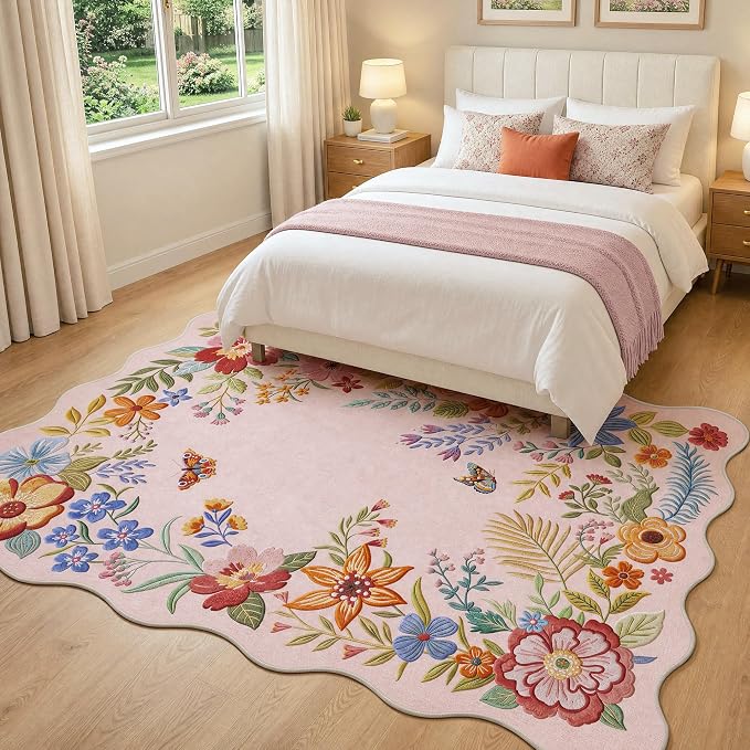 FMFUNCTEX 5x7 Washable Blush Pink Floral Scalloped Area Rug for Living Room | Vintage Flower Colorful Traditional Boho Distressed Soft Non Slip Low Pile Large Pattern Indoor Carpet Dining Bedroom Nursery