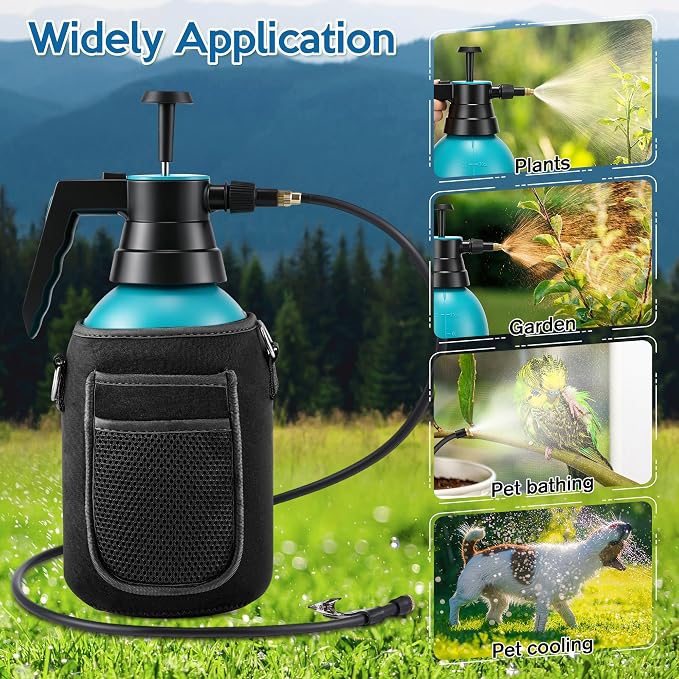Aurelema Personal Mister, 2 in 1 Water Spray Bottle with 3.3ft Extend Mist Line/Neoprene Jacket/Strap, Portable Handheld Pump Spray Bottle for Outdoor Cooling, Hiking, Garden, Pet(Black,2L)