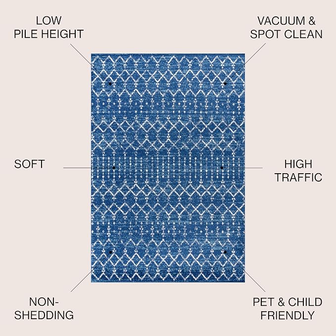 JONATHAN Y Boho Vintage Diamond Blue/White Indoor Area Rug 4X6 ft, Moroccan Hype for Living Room, Bedroom, Kitchen, Office, Easy-Cleaning, High Traffic, Pet-Friendly, Non-Shedding (MOH101A-4)