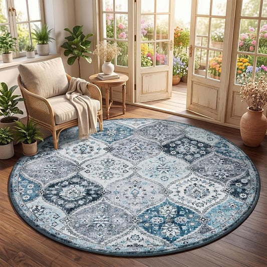 ROYHOME Washable Round Rug 5ft Moroccan Trellis Washable Area Rug | Stain Resistant Non-Slip Circle Rug Vintage Distressed Round Throw Carpet for Living Room Bedroom Kids Room, Blue/Grey