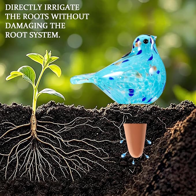 Plant Watering Globes, Bird Glass Self Watering Planter Insert - For Indoor & Outdoor Plants - Glass Plant Water Globes For Daily Use, Planter Spikes To Support Indoor & Outdoor Plant Health, Sky Bule