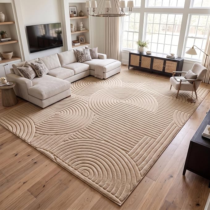 Brown Geometric 5x7 Solid Area Rug, Washable Living Room Rug | Ultra Soft Boho Pattern Minimalist Non-Slip Carpet, Rugs for Bedroom, Bedsied, Kids Room, Nursery, Apartment, Home Office
