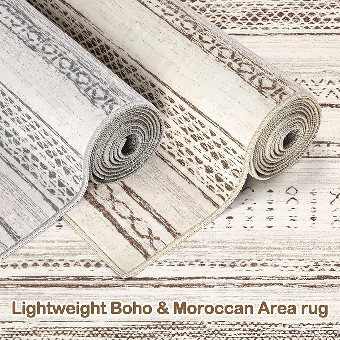 Tortania Area Rug Living Room Rugs - 6x9 Washable Large Soft Neutral Boho Moroccan Bohemian Farmhouse Rug Indoor Floor Carpet for Bedroom Under Dining Table Home Office Decor - Brown Beige