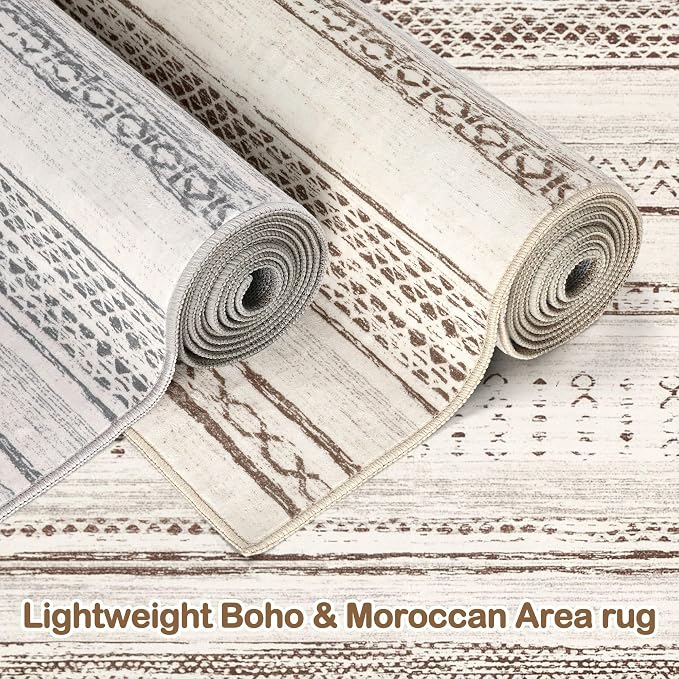 Tortania Area Rug Living Room Rugs - 5x8 Washable Large Soft Neutral Boho Moroccan Bohemian Farmhouse Rug Indoor Floor Carpet for Bedroom Under Dining Table Home Office Decor - Brown Beige