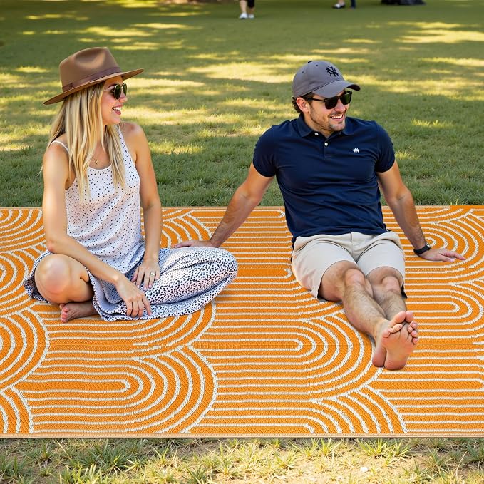 Anidaroel Patio Rugs Outdoor 6’x9’ Clearance Waterproof, Reversible Rainbow Outdoor Plastic Straw Outside Rugs, RV Outdoor Rugs for Camping, Porch, Balcony, Backyard (Orange,6‘X9')