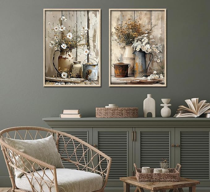 Rustic Farmhouse Daisy Canvas Wall Art Vintage Country Floral Posters Print Flower Still Life Botanical Pictures Painting White Jasmine Flowers And Rust Color Watering Can Wall Decor Unramed