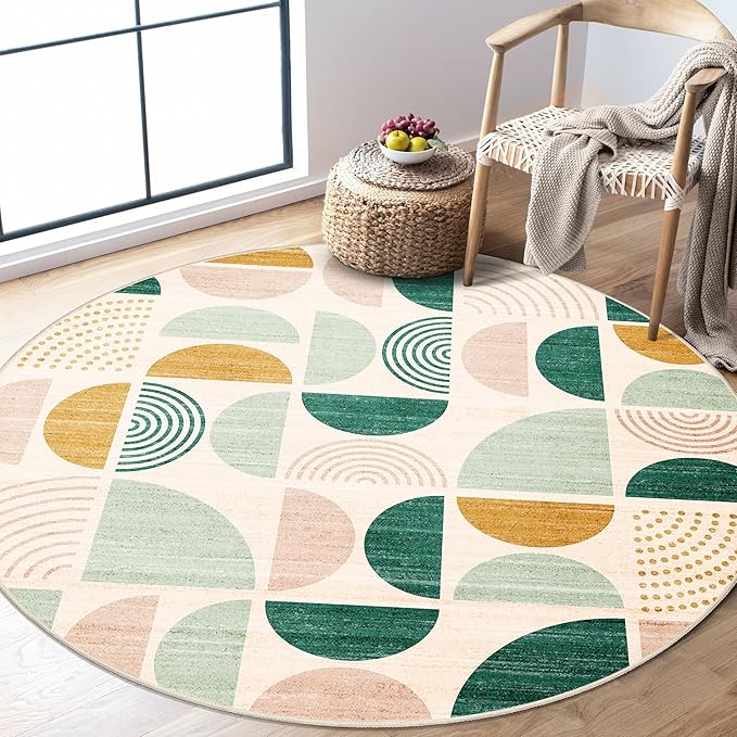 Round Rugs 5ft,Circle Area Rug Washable Non Slip Modern Abstract | Circular Rugs for Bedroom Living Room Dining Room Boho Throw Carpet Soft Low Pile Floor Indoor Bohemian Sage Green