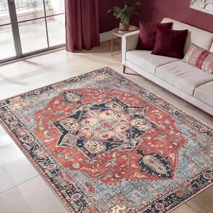 Keen Home Design Vintage Washable Area Rug, Non-Slip Low Pile, 4x6 | Machine Washable Cotton Chenille, 0.25In Low Pile, Rubber Non-Slip Back; Kitchen, Entryway, Bedroom, Dining Room