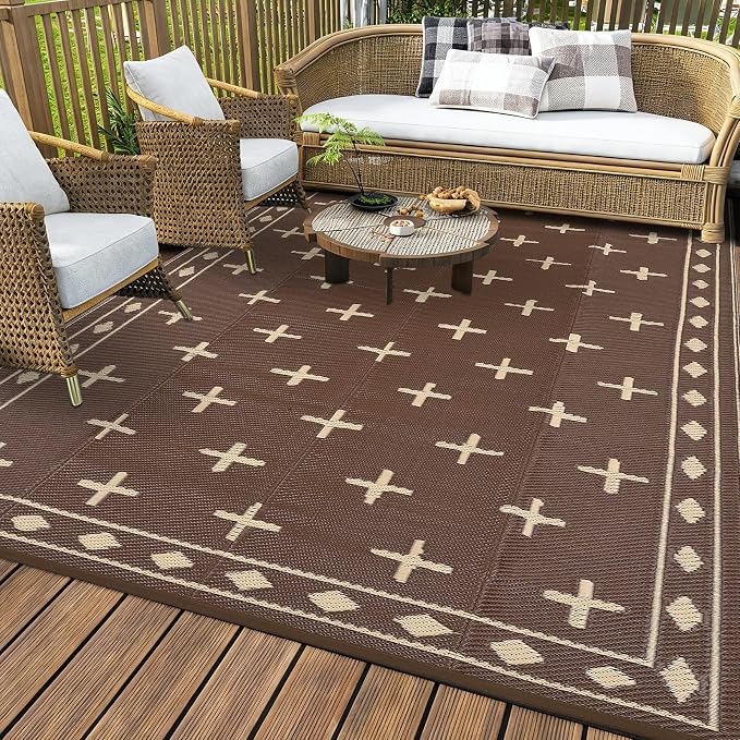 Outdoor Patio Rug 9x18 Waterproof Outside Area Rugs Modern Reversible Plastic Straw Carpet for RV Deck Camping Entryance Porch Picnic Balcony Beach，Brown/Coffee
