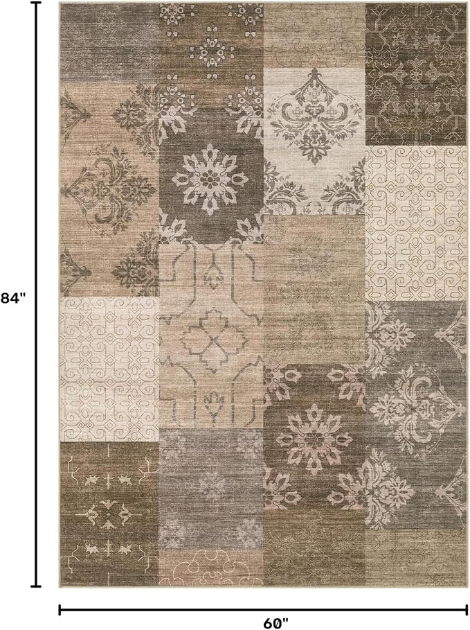 UERMEI 5x7 Area Rug for Living Room, Washable Brown Modern Geometric Patchwork Non Slip Stain Resistant Low Pile Foldable Carpet for Bedroom Dining Farmhouse Home Office
