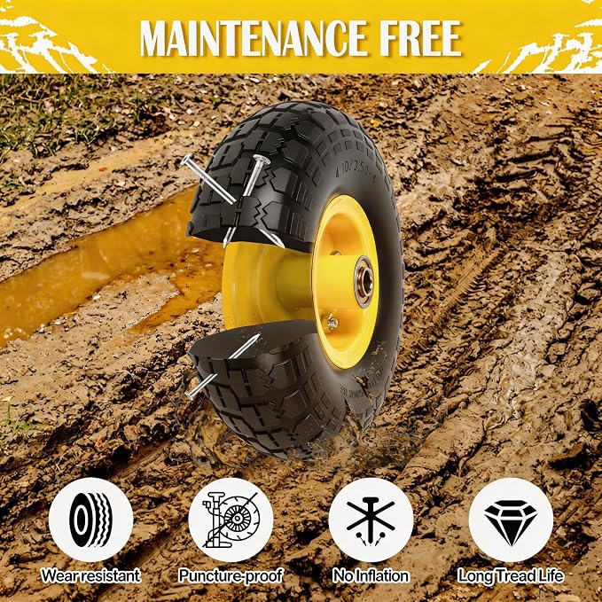 4.10/3.50-4 Tire and Wheel Flat Free, 10" Solid Tire 220LB Capacity Each, with 5/8" Bearings and 2.1" Offset Hub, for G orilla Cart, Garden Cart, Trailer, Dolly, Hand Truck, Wagon, 4 Pack, Yellow