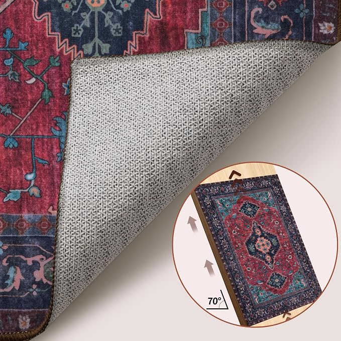 Tangsoo Oriental 3x5 Washable Area Rugs, Vintage Non Slip Accent Rug | Boho Indoor Print Distressed Carpet, Soft Low Pile Rug for Living Room Dining Bedroom Bedside Entryway Burgundy Navy